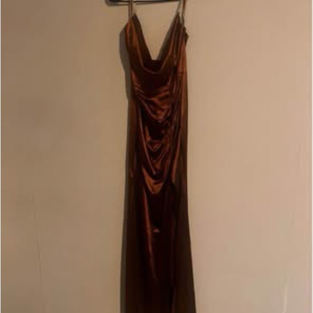 Brown Windsor prom dress with rhinestone straps and ruched sidings size M